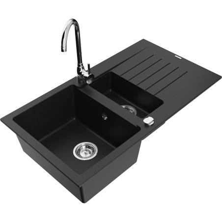 Mexen Matias granite sink with 1.5 bowls, drainer, and Telma kitchen faucet, black - 6502-77-670200-00