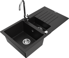 Mexen Matias 1.5 Bowl Granite Sink with Drainer and Telma Kitchen Tap, Black - 6502-77-670200-00