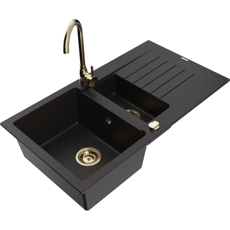 Mexen Matias 1.5-bowl Granite Sink with Drainer and Telma Kitchen Faucet, Black - 6502-77-670200-50