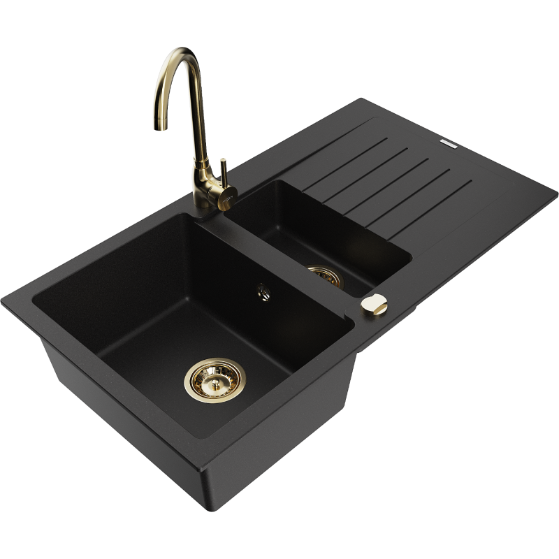 Mexen Matias Granite Sink 1.5-Bowl with Drainer and Telma Kitchen Tap, Black - 6502-77-670200-50