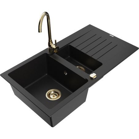 Mexen Matias 1.5-compartment granite sink with a drip tray and kitchen mixer tap Telma, Black - 6502-77-670200-50