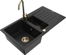 Mexen Matias 1.5-compartment granite sink with a drip tray and kitchen mixer tap Telma, Black - 6502-77-670200-50