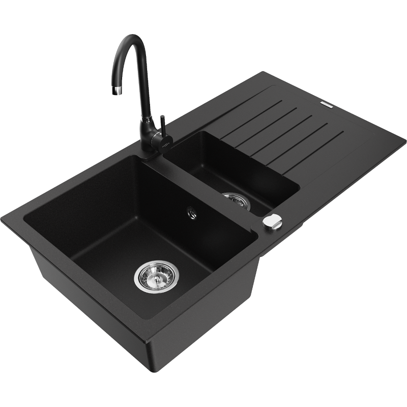 Mexen Matias granite sink 1.5-bowl with drainer and Telma kitchen tap, black - 6502-77-670200-70