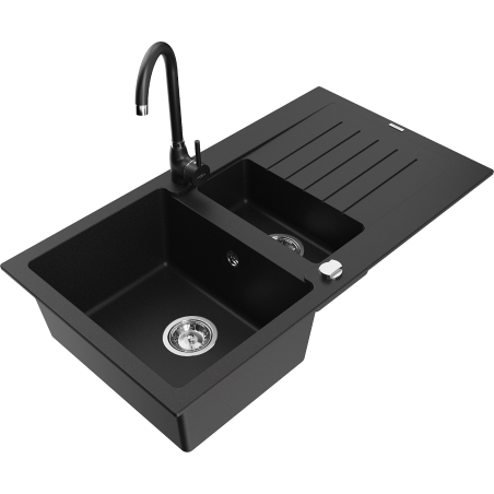 Mexen Matias granite sink 1.5-bowl with drainer and Telma kitchen faucet, black - 6502-77-670200-70