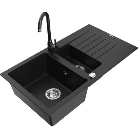 Mexen Matias granite sink 1.5-bowl with drainer and Telma kitchen tap, black - 6502-77-670200-70