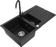 Mexen Matias 1.5-compartment granite sink with a drip tray and kitchen mixer tap Telma, Black - 6502-77-670200-70