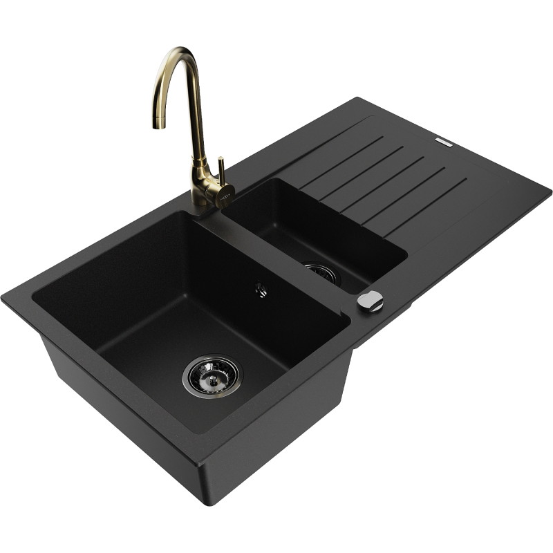Mexen Matias granite sink 1.5-bowl with drainer and Telma kitchen faucet, black - 6502-77-670200-50-B