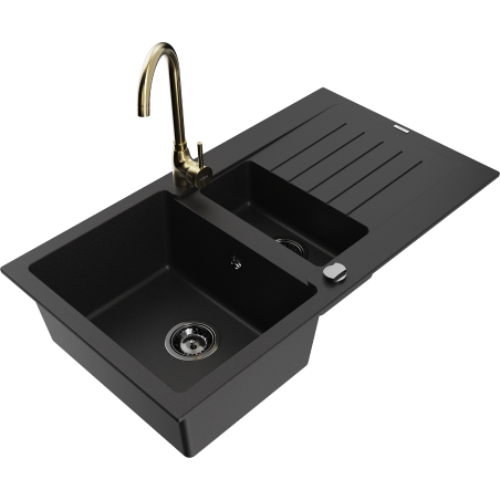 Mexen Matias 1.5-compartment granite sink with a drip tray and kitchen mixer tap Telma, Black - 6502-77-670200-50-B