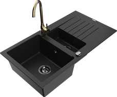 Mexen Matias granite sink 1.5-bowl with drainer and Telma kitchen faucet, black - 6502-77-670200-50-B