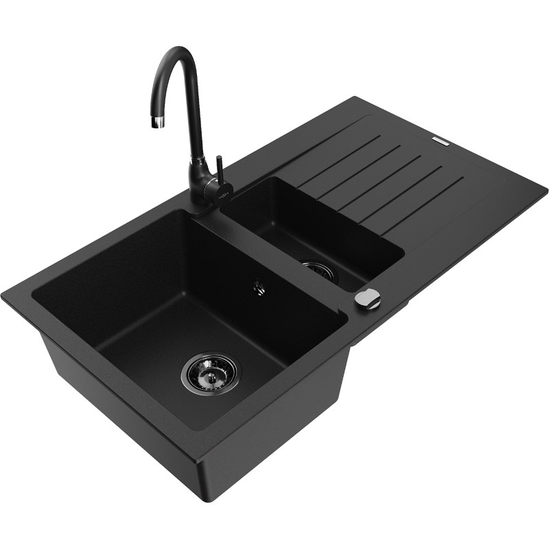 Mexen Matias 1.5-bowl granite sink with drainer and Telma kitchen faucet, black - 6502-77-670200-70-B