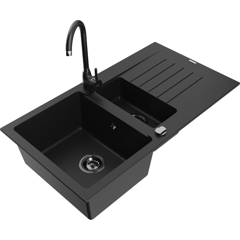 Mexen Matias granite sink 1.5-bowl with drainer and Telma kitchen tap, black - 6502-77-670200-70-B