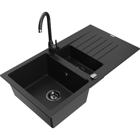 Mexen Matias 1.5-compartment granite sink with a drip tray and kitchen mixer tap Telma, Black - 6502-77-670200-70-B
