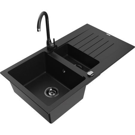 Mexen Matias granite sink 1.5-bowl with drainer and Telma kitchen tap, black - 6502-77-670200-70-B
