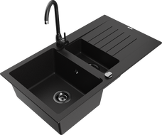 Mexen Matias 1.5-compartment granite sink with a drip tray and kitchen mixer tap Telma, Black - 6502-77-670200-70-B