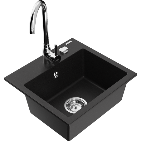 Mexen Milo granite kitchen sink 1-bowl with Telma kitchen faucet, black - 6505-77-670200-00