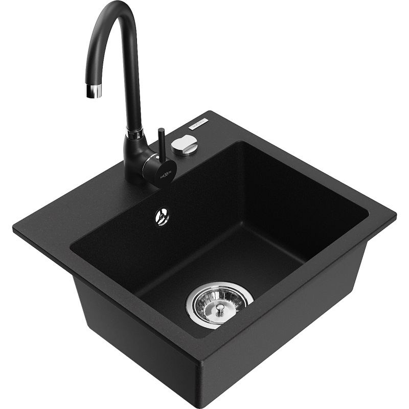 Mexen Milo granite single-bowl kitchen sink with Telma kitchen faucet, black - 6505-77-670200-70