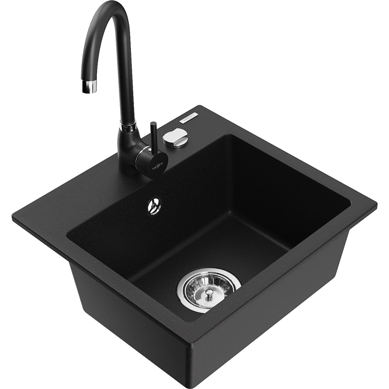 Mexen Milo granite sink 1-bowl with Telma kitchen tap, black - 6505-77-670200-70