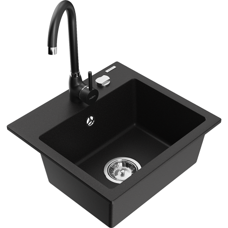 Mexen Milo granite sink 1-bowl with Telma kitchen tap, black - 6505-77-670200-70