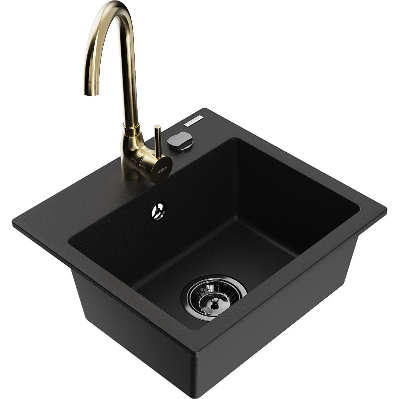 Mexen Milo 1-bowl granite sink with Telma kitchen faucet, black - 6505-77-670200-50-B