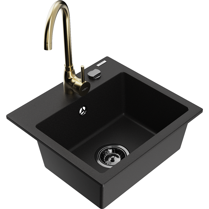 Mexen Milo 1-compartment granite sink with a kitchen mixer tap Telma, Black - 6505-77-670200-50-B