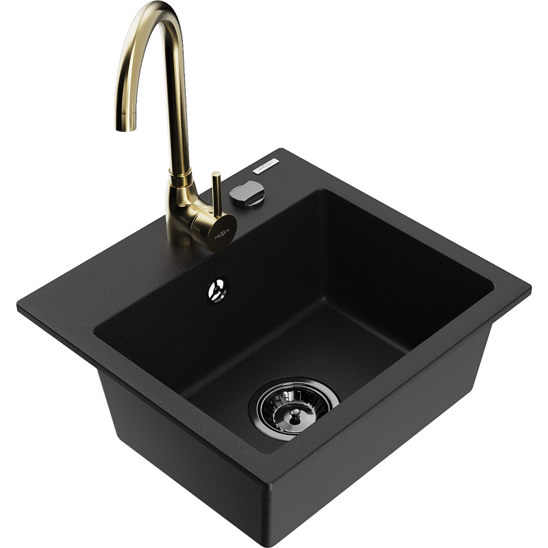 Mexen Milo granite sink single-bowl with Telma kitchen tap, black - 6505-77-670200-50-B
