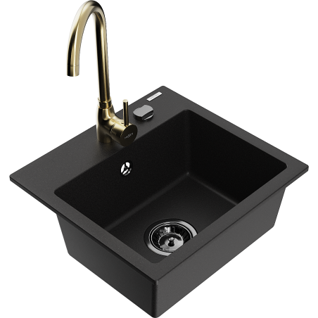 Mexen Milo granite sink single-bowl with Telma kitchen tap, black - 6505-77-670200-50-B