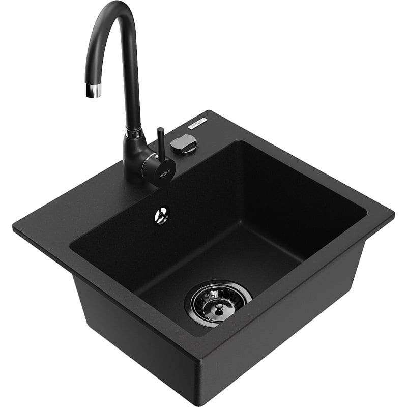 Mexen Milo 1-bowl granite sink with Telma kitchen faucet, black - 6505-77-670200-70-B