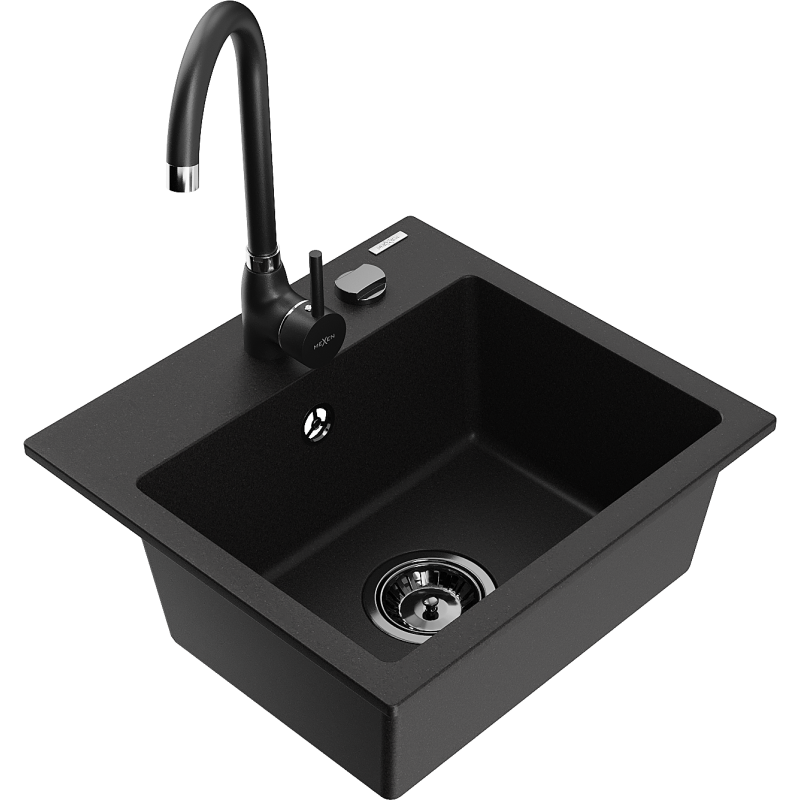 Mexen Milo granite sink with 1 chamber and Telma kitchen tap, black - 6505-77-670200-70-B