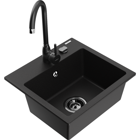 Mexen Milo 1-compartment granite sink with a kitchen mixer tap Telma, Black - 6505-77-670200-70-B