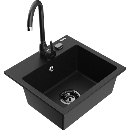 Mexen Milo granite sink with 1 chamber and Telma kitchen tap, black - 6505-77-670200-70-B