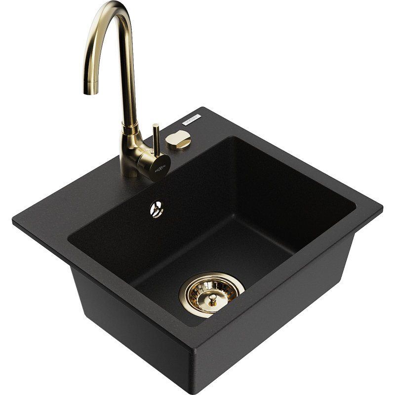 Mexen Milo 1-bowl granite sink with Telma kitchen mixer tap, black - 6505-77-670200-50