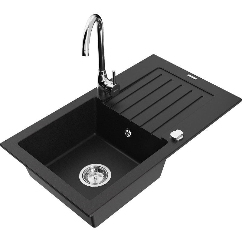Mexen Pablo 1-bowl granite sink with drainer and Telma kitchen tap, black - 6510-77-670200-00