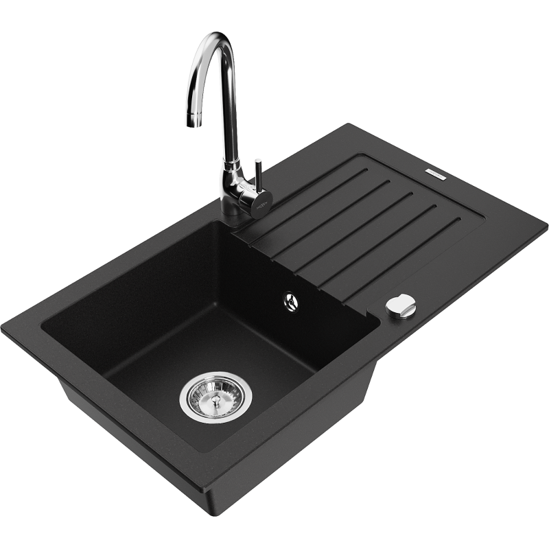 Mexen Pablo granite kitchen sink 1-compartment with drainer and Telma kitchen faucet, black - 6510-77-670200-00
