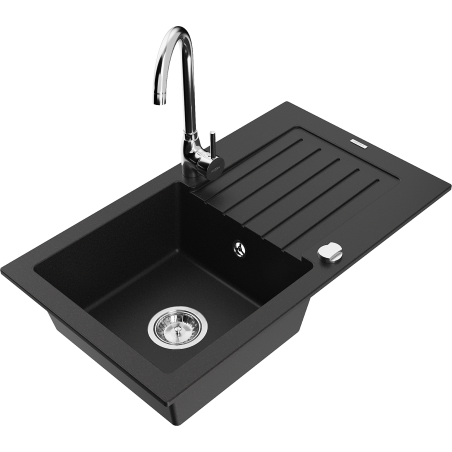 Mexen Pablo 1-bowl granite sink with drainer and Telma kitchen tap, black - 6510-77-670200-00