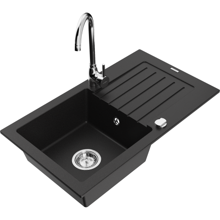 Mexen Pablo granite kitchen sink 1-compartment with drainer and Telma kitchen faucet, black - 6510-77-670200-00