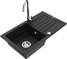 Mexen Pablo 1-bowl granite sink with drainer and Telma kitchen tap, black - 6510-77-670200-00