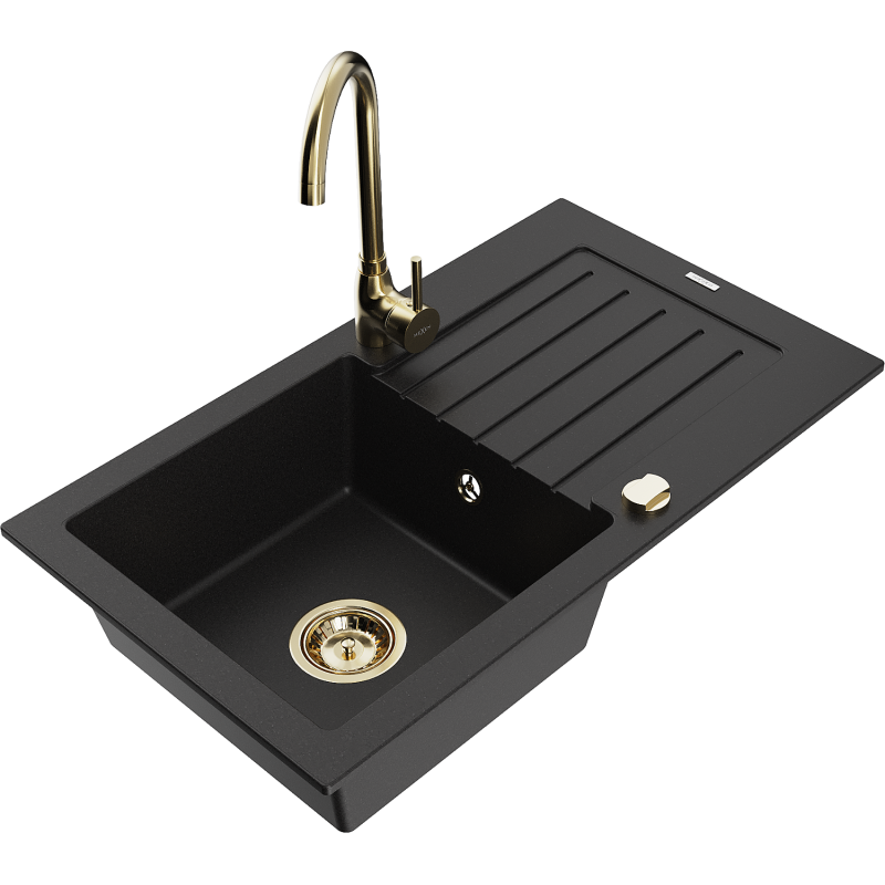 Mexen Pablo Granite Kitchen Sink 1-Bowl with Drainer and Telma Faucet, Black - 6510-77-670200-50