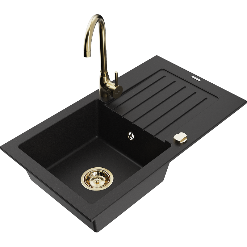 Mexen Pablo granite kitchen sink 1-bowl with drainer and Telma kitchen tap, black - 6510-77-670200-50