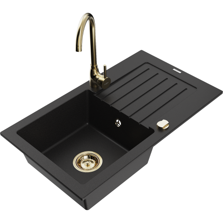 Mexen Pablo Granite Kitchen Sink 1-Bowl with Drainer and Telma Faucet, Black - 6510-77-670200-50