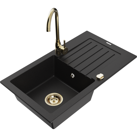 Mexen Pablo granite kitchen sink 1-bowl with drainer and Telma kitchen tap, black - 6510-77-670200-50