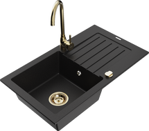 Mexen Pablo granite kitchen sink 1-bowl with drainer and Telma kitchen tap, black - 6510-77-670200-50