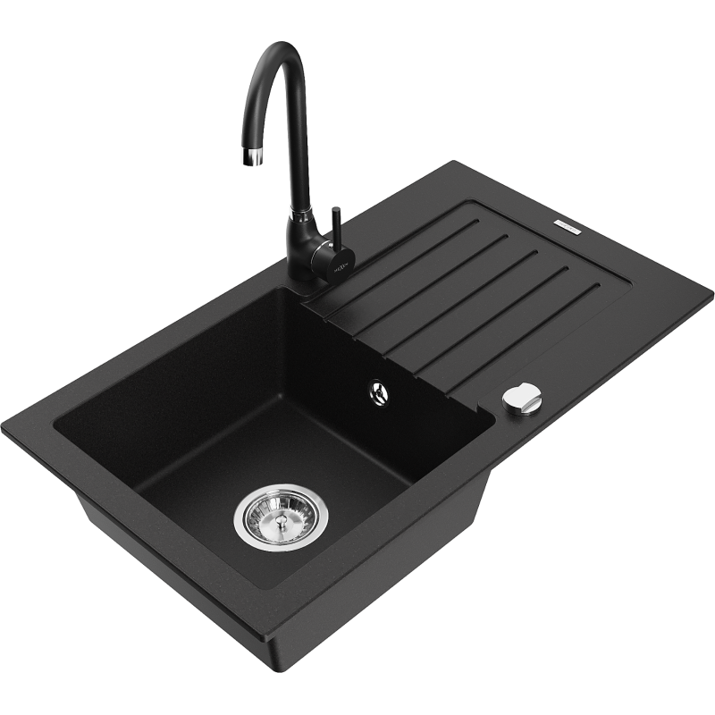 Mexen Pablo granite sink 1-bowl with drainer and Telma kitchen faucet, black - 6510-77-670200-70