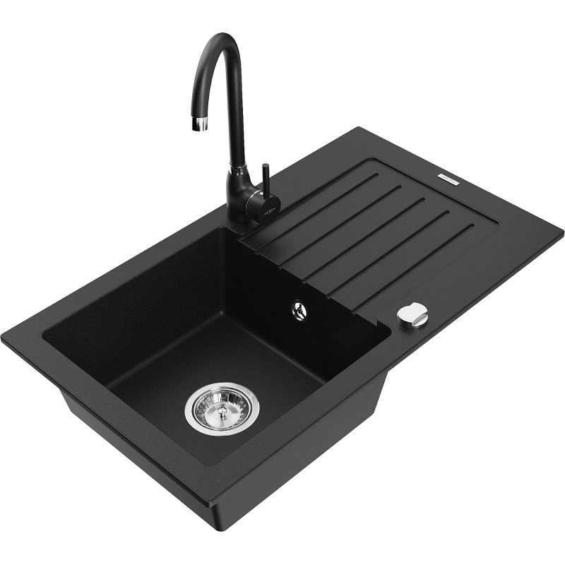 Mexen Pablo granite sink 1-bowl with drainer and Telma kitchen tap, black - 6510-77-670200-70