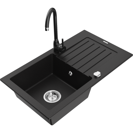Mexen Pablo granite sink 1-bowl with drainer and Telma kitchen faucet, black - 6510-77-670200-70