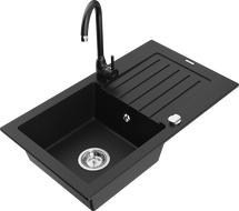 Mexen Pablo granite sink 1-bowl with drainer and Telma kitchen tap, black - 6510-77-670200-70