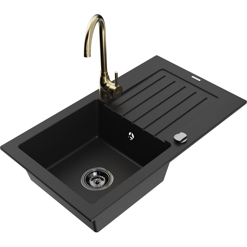 Mexen Pablo 1-compartment granite sink with drainer and Telma kitchen faucet, black - 6510-77-670200-50-B