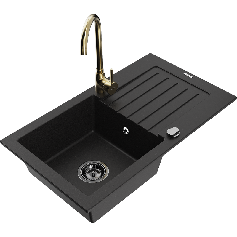 Mexen Pablo granite sink, 1-bowl with drainer and Telma kitchen faucet, black - 6510-77-670200-50-B