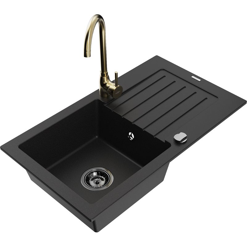 Mexen Pablo granite sink 1-bowl with drainer and Telma kitchen tap, black - 6510-77-670200-50-B