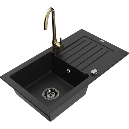 Mexen Pablo granite sink, 1-bowl with drainer and Telma kitchen faucet, black - 6510-77-670200-50-B