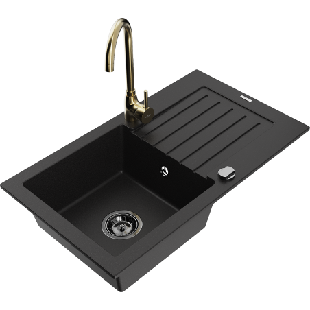 Mexen Pablo granite sink 1-bowl with drainer and Telma kitchen tap, black - 6510-77-670200-50-B